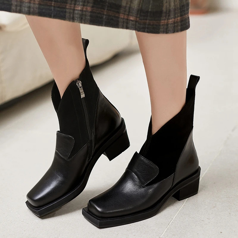

Cow Leather Women Ankle Boots Pointed Toe Footwear Cuban 5cm High Heels Female Western Boot Fashion Shoes Woman Winter 2020 New