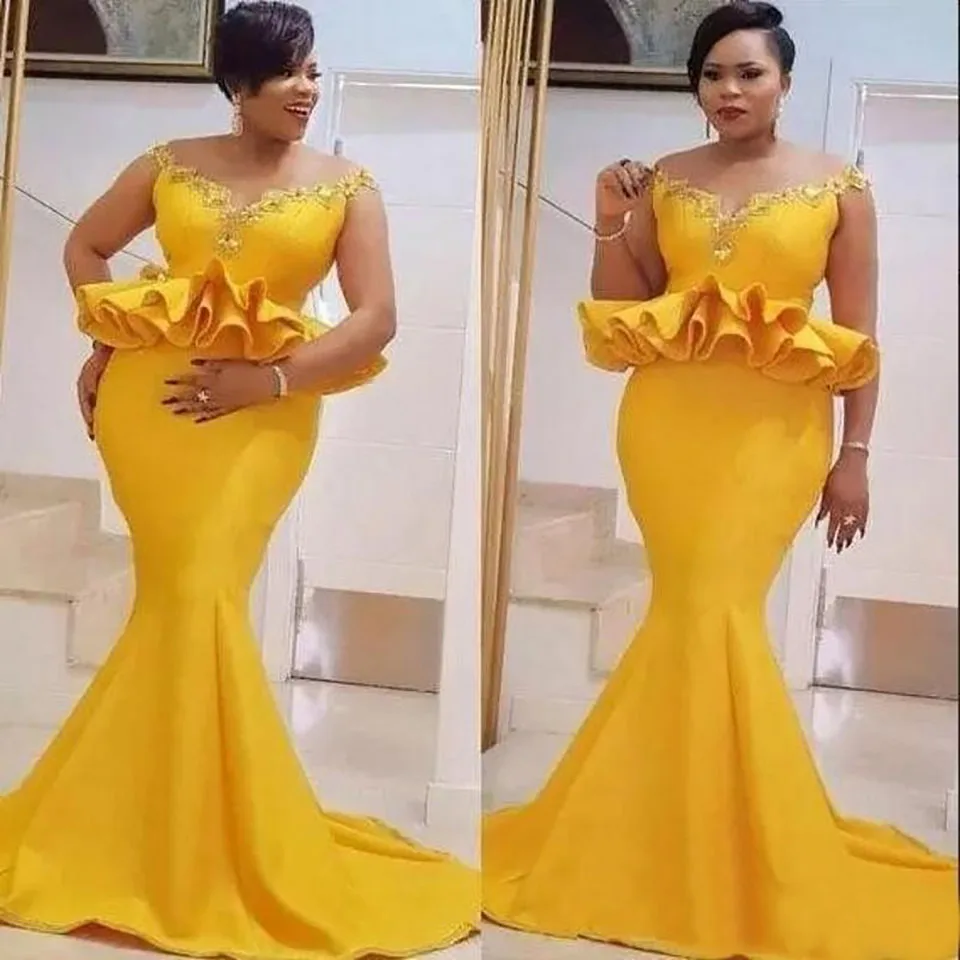 

Yellow Mermaid Trumpet Plus Size V-Neck Sleeveless Custom Evening Dresses Satin Prom Party Gown Formal Girls Pageant Applique