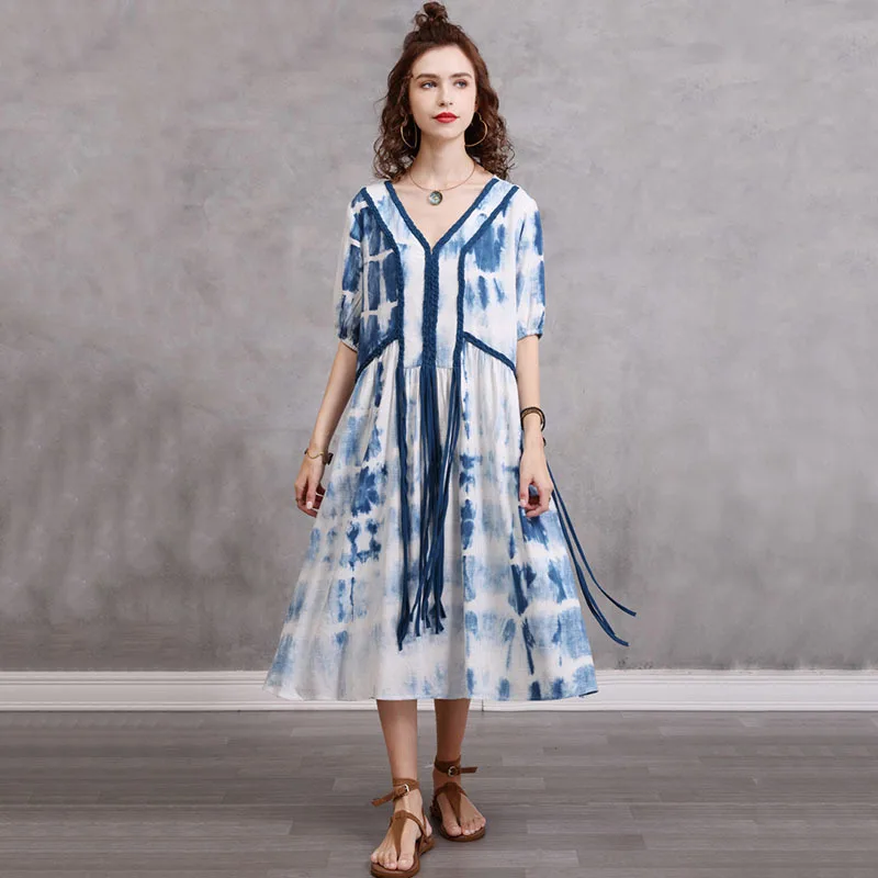 

SeeBeautiful Vintage Tie Dye Printed Loose A-line Dress V-neck Short Sleeve Stitching Ribbon Woman Summer 2021 New Fashion E687