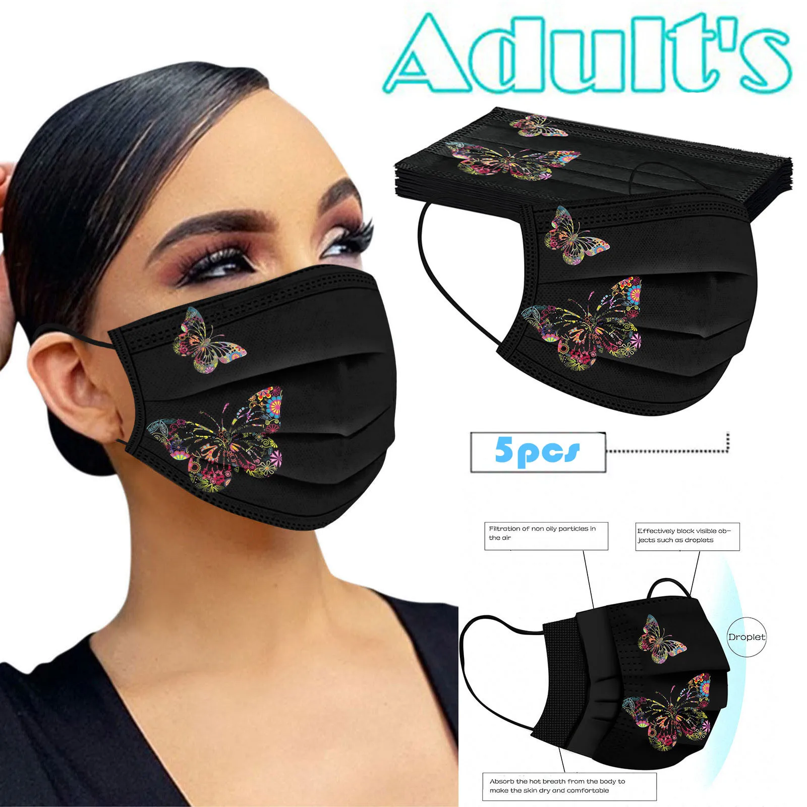 

10pc Butterfly Print Mask Adult Masque Women Man Disposable Face Mask 3ply Ear Loop Mascarillas Desechables Halloween Cosplay