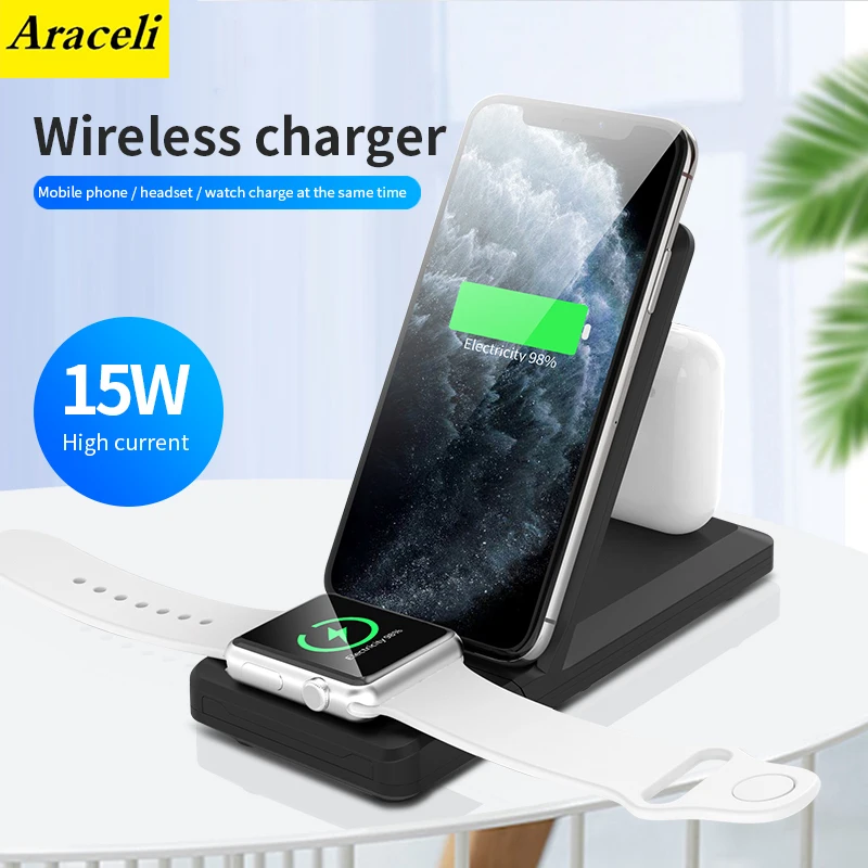 

Foldable 15 W Fast Charge 3 in 1 Wireless Charger For iPhone 12 for Samsung For Apple Watch 5 4 3 For Airpods Pro Charger Stand