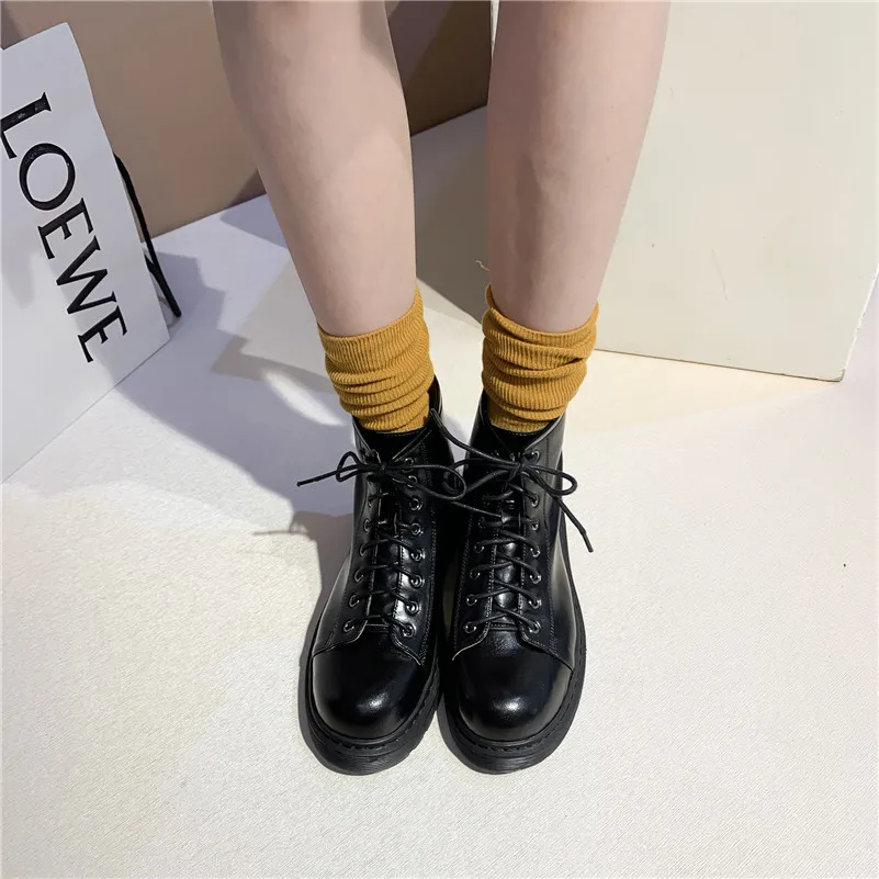 

Meotina Ankle Boots Women Shoes Genuine Leather Platform Flat Short Boots Round Toe Lace Up Boots Ladies Autumn Black Brown 39