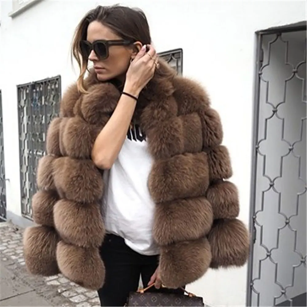 coffee color 60 60 см новая теплая шуба из натурального Лисьего меха женская зимняя Толстая Шуба из натурального Лисьего меха Меховая куртка верхняя одежда женский Дамский стоячий воротник жакет из меха - Цвет: coffee color 60