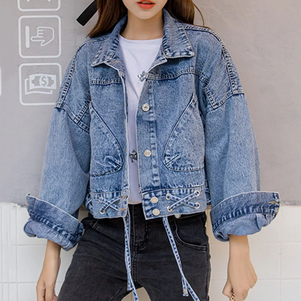 Джинсовая куртка BF Повседневная Свободная джинсовая на шнуровке осень корейский