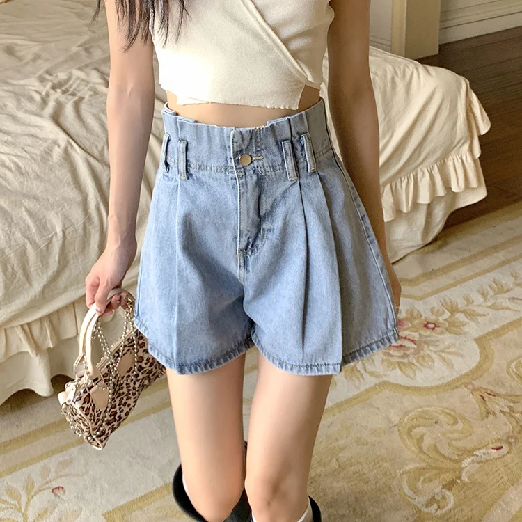 

Summer Elastic Wasit Denim Skirt Shorts Women Vintage High Waist Wide Leg Denim Hotpants