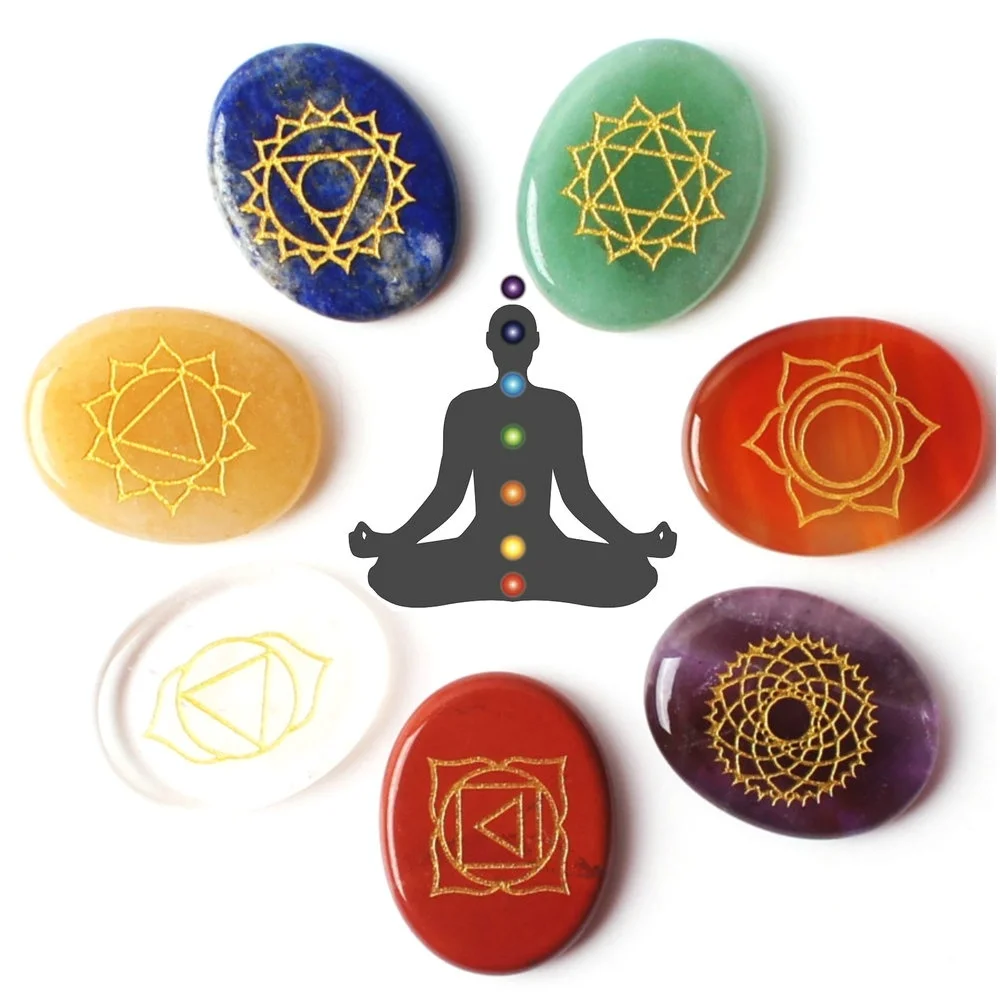 

High Quality Set of 7 Chakra Stones Symbols Stone Set Palm Natural Stone Crystal Gemstones Fengshui Decor Reiki Healing