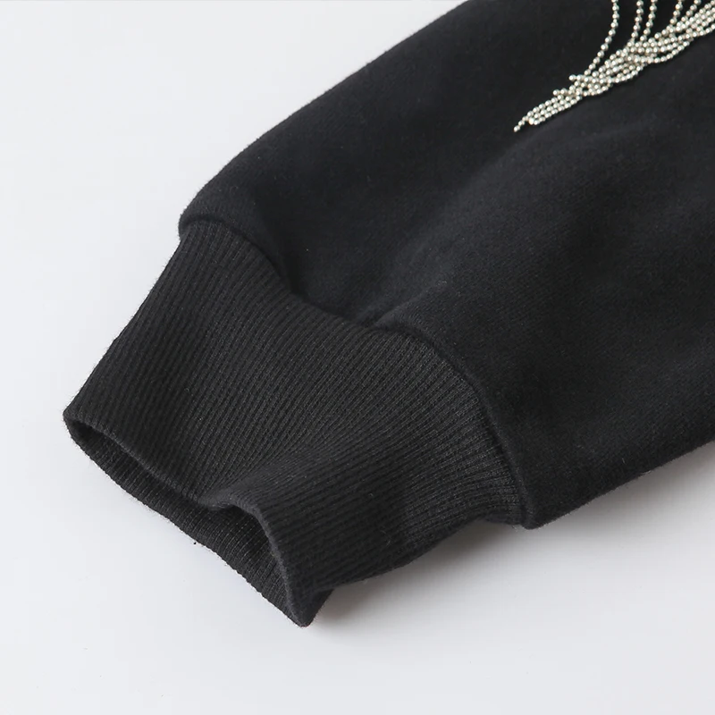 L~ 4XL 5XL Beadings Tassel Women Cotton Sweatshirt Black Long Batwing Sleeve Tee Shirt Big Size Ovesize Casual Tops AOFULI A4074