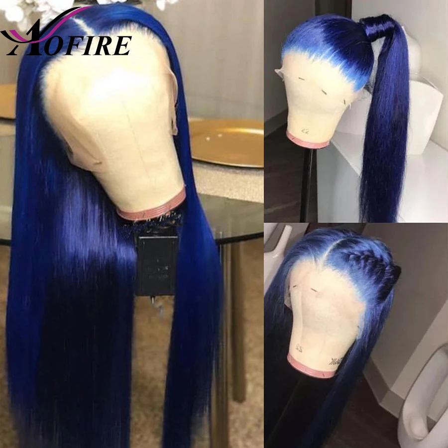 Full Lace Front Human Hair Wigs Blue Color Brazilian Remy Straight Wig Free Part For Black Women Pre Plucked 130% Density Aofire | Шиньоны и