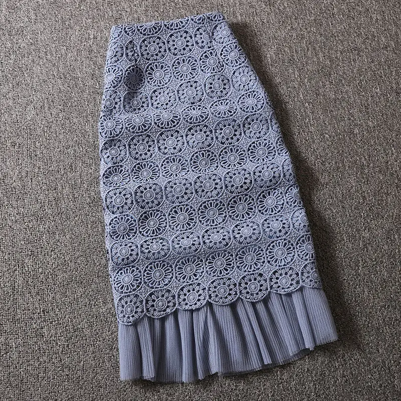 Женская кружевная юбка в стиле пэчворк желтая ажурная элегантная офисная с