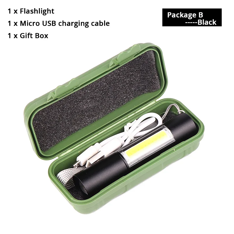 Package B-Black Мини светодиодный фонарик USB Перезаряжаемый с COB боковым фонариком 3 режима Поддержка зум открытый кемпинг свет с Бесплатный usb-кабель - Испускаемый цвет: Package B-Black