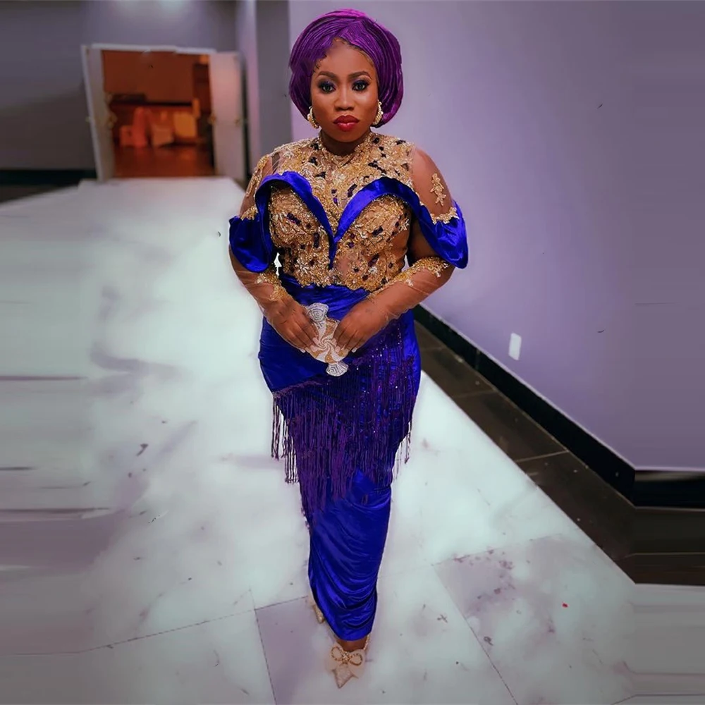 

Royal Blue Evening Dresses With Illusion Long Sleeves Gold Lace Appliques Beads Tassels Plus Size Aso Ebi Prom Dress Custom Made