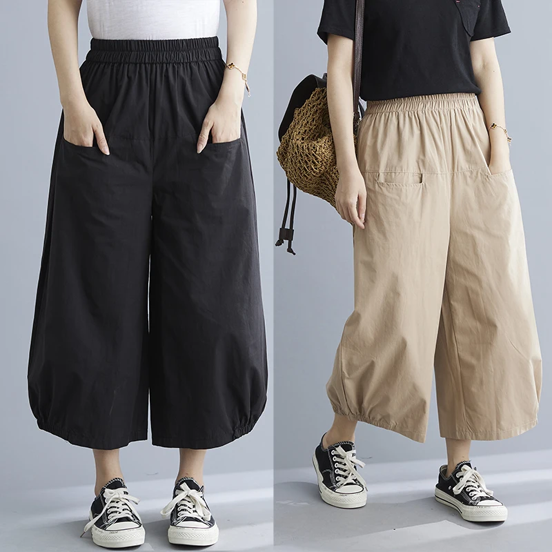 

Брюки женские с широкими штанинами, прямые и тонкие повседневные универсальные укороченные штаны с завышенной талией для полных девушек, б...