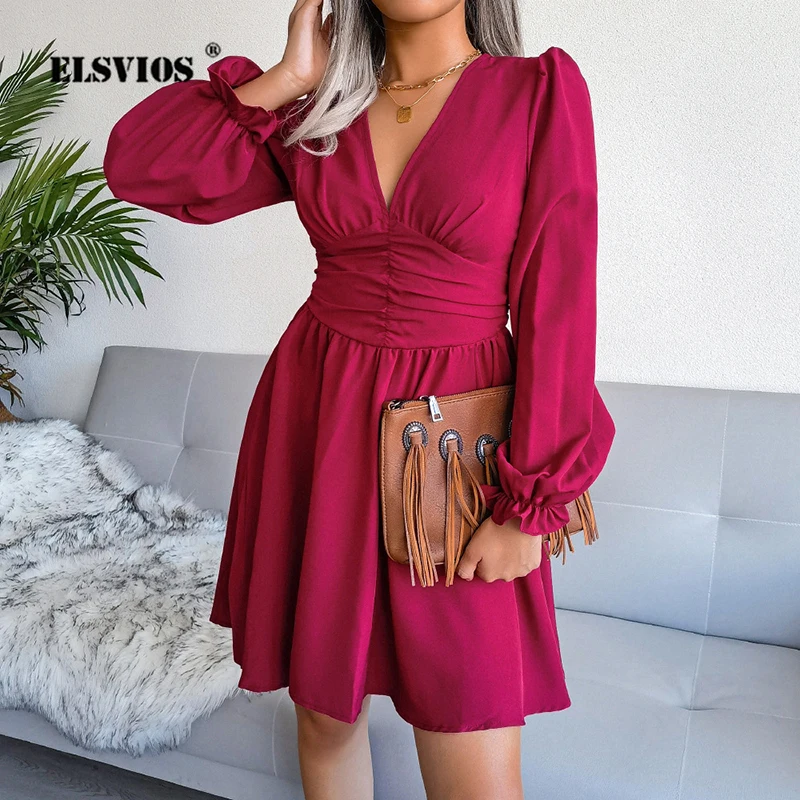 

INS Style Fashion Spring Autumn Sexy Women V Neck Casual Solid Color Chiffon Pleated Mid Dress Long Sleeves Sweet Party Dresses