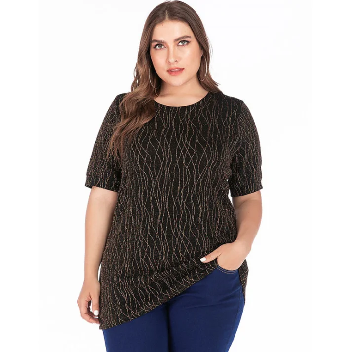 5XL размера плюс женская блузка рубашка летняя короткий рукав расшитая блестками