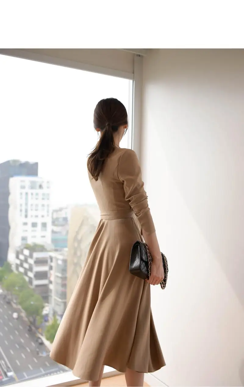 

Cotday Women Notched Pleats Casual Sashes A-line Khaki 2021 New Spring Double-breasted Office Style Ladies Pleated Elegant Dress