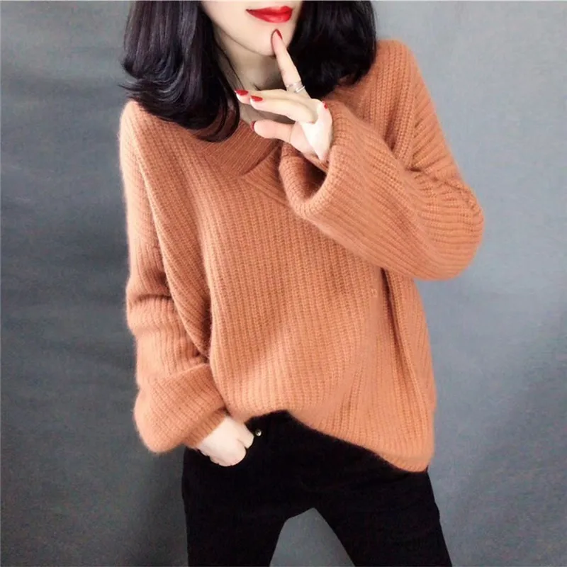 Loose Casual Lantern Sleeve Mohair Thicken Sweater Women Fashion Trend Simple V-neck Solid Color Pullover Sweater