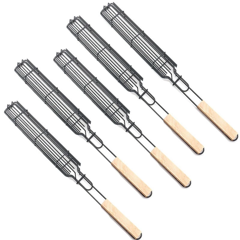 

5 PCS Kabob Grilling Basket Reusable Durable Anti-Corrosion Wooden Handle Barbecue Tool Grill Basket Grill Net