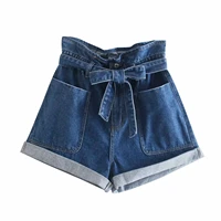davedi 2022 summer vintage washed mom england high waist pockets loose sashes casual short feminino denim bermuda women short