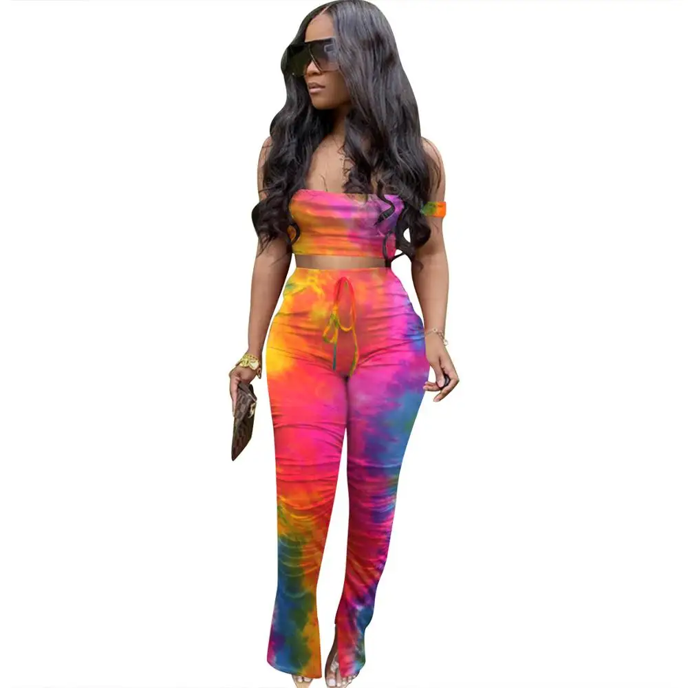 

Adogirl Tie Dye Print Two Piece Set Women Sexy Spaghetti Straps Crop Top Flare Split Pants Casual Tracksuit Female Overall 2020