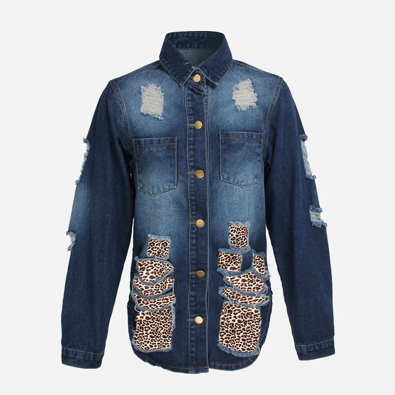 

Women Hole Leopard Spliced Denim Jackets Autumn Plus Size Turndown Collar Jean Jacket Female 2021 Vintage Streetwear Lady Coats