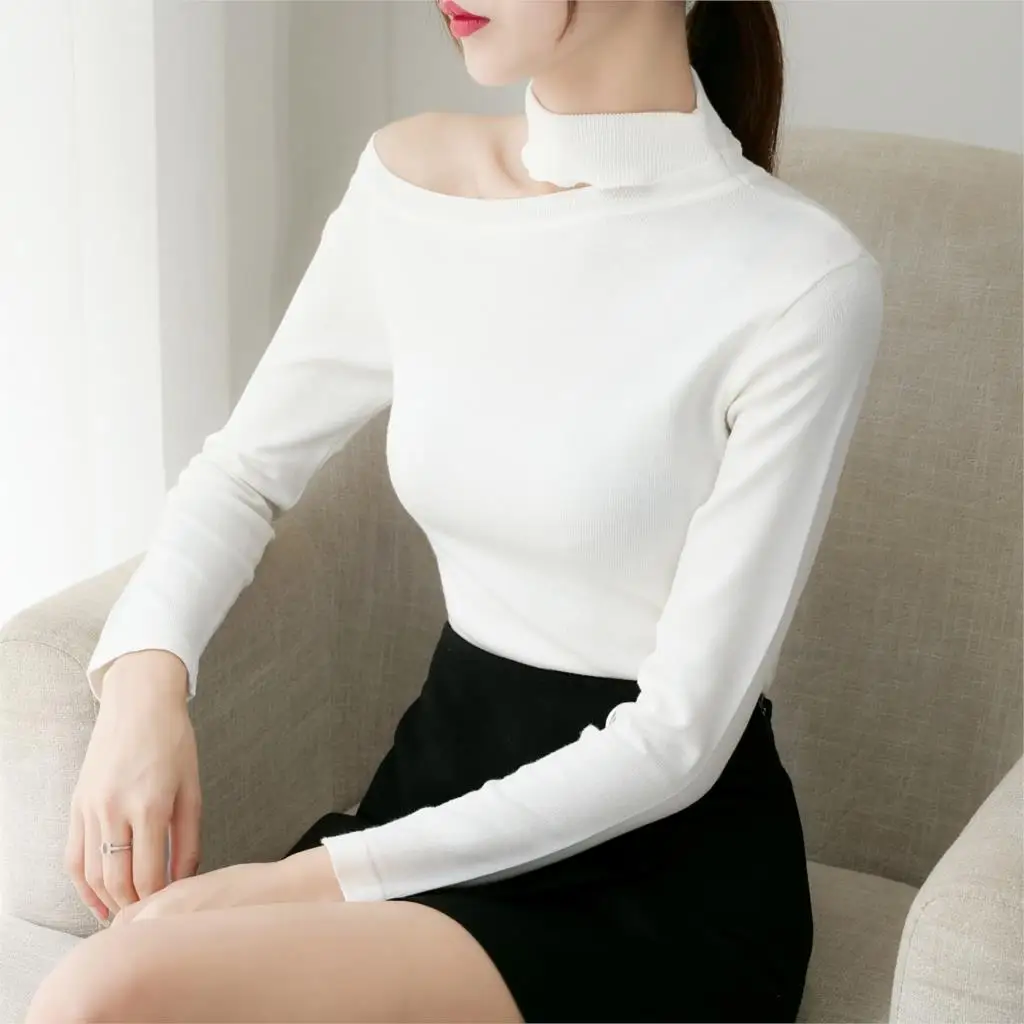 

Women knitted cotton 2019 Women Sweater Autumn and Winter New High collar Side strapless sweater Sweater Pullover Warm Soft