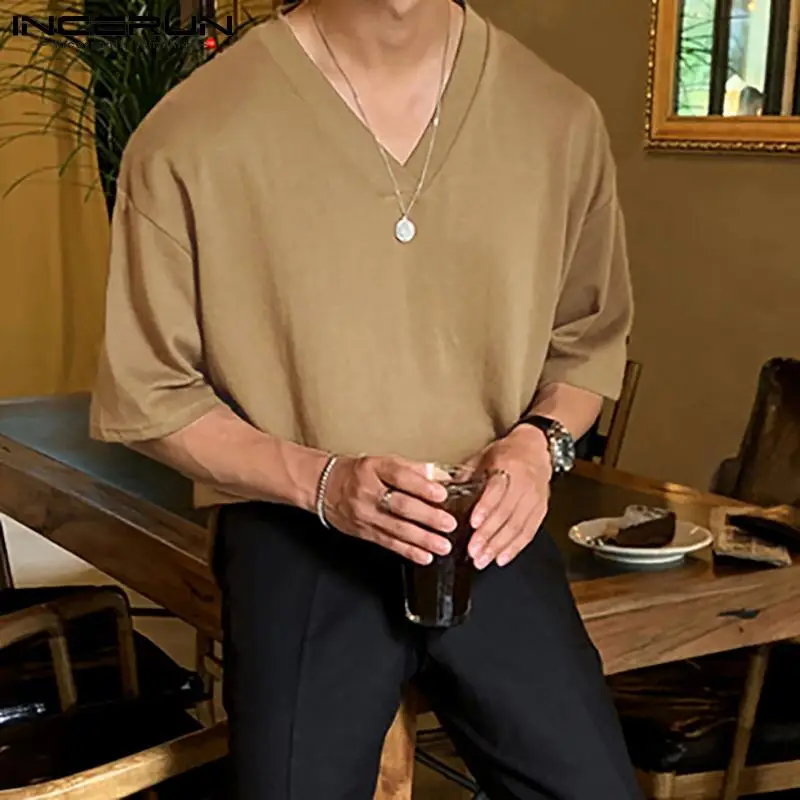 

INCERUN Men T Shirt V Neck Half Sleeve Loose Breathable Casual Tee Tops 2021 Streetwear Summer Cozy Solid Men's T-shirts S-5XL