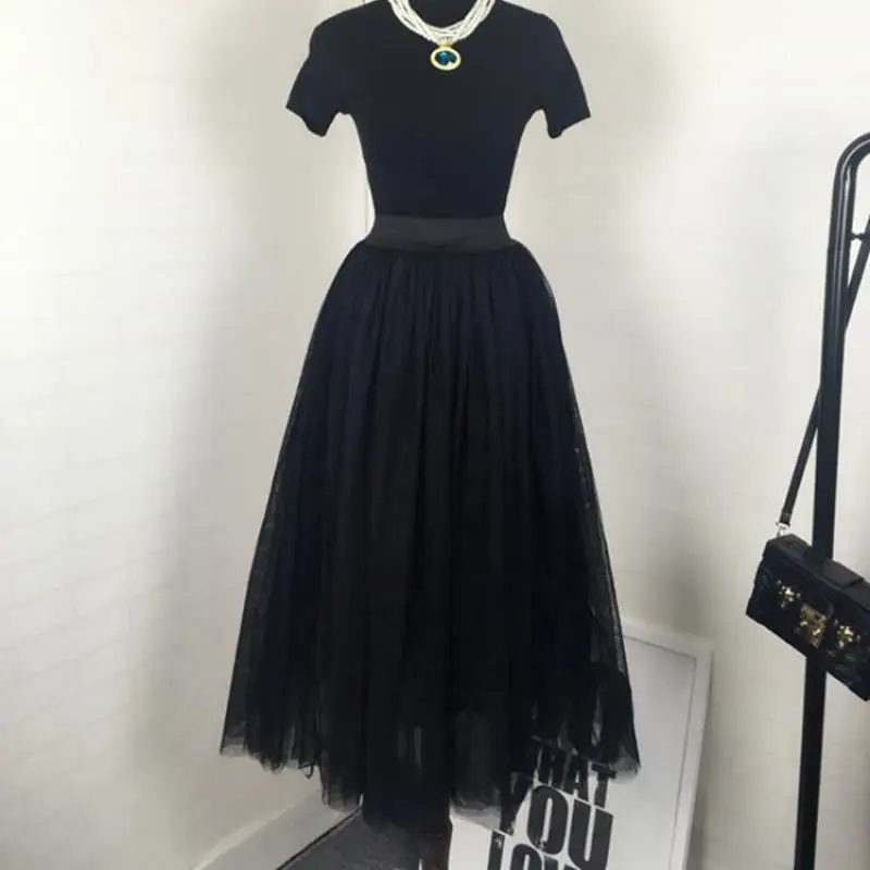 Женская сетчатая юбка пачка однотонная черная или белая макси с поясом на