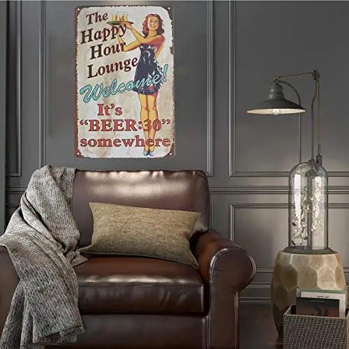 

UNIQUELOVER Bar Signs, The Happy Hours Lounge Sign Retro Vintage Metal Tin Signs for Home Bar Decor 12” X 8”