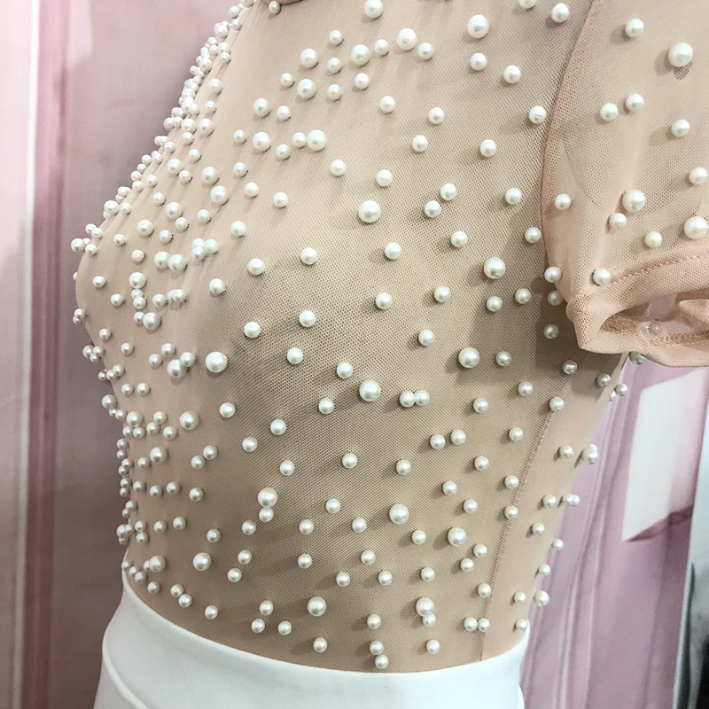 

Sexy Dress See Through Tulle with Bead Tops Patchwork Slit Dresses for Women Short Sleeves Female Spring Summer New Arrival