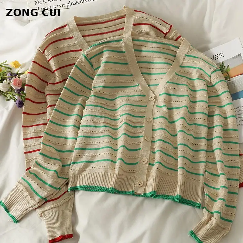 

Women Striped Cardigan Sweater Spring Autumn New V-neck Long Sleeve Hit Color Loose Knitted Short Cardigan Korean Vintage 2021