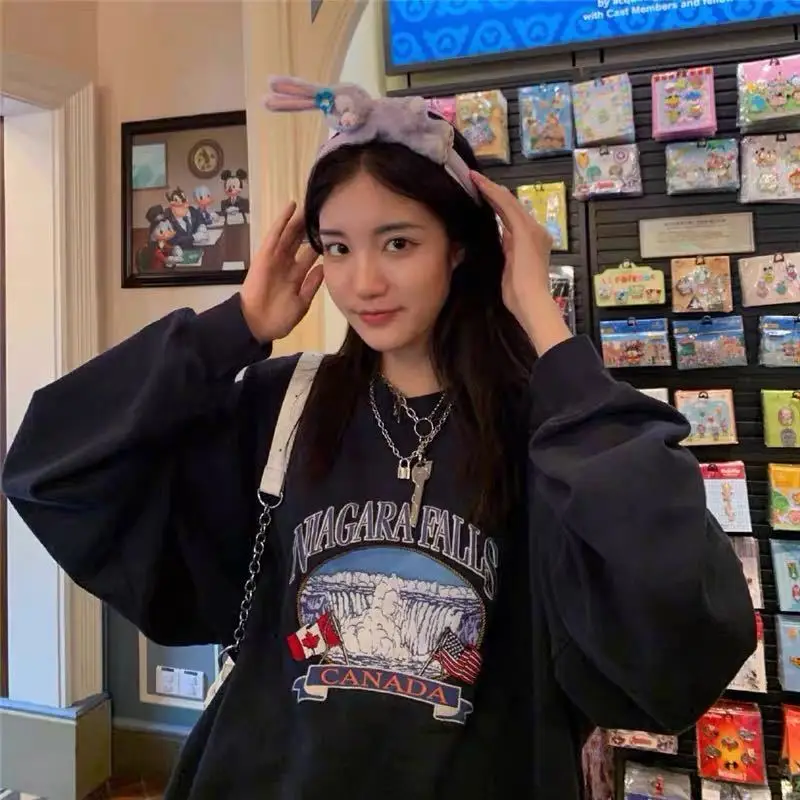 

Винтажная свободная толстовка, женская зимняя одежда для пары, Толстовка Оверсайз с круглым вырезом, модная повседневная одежда больших ра...