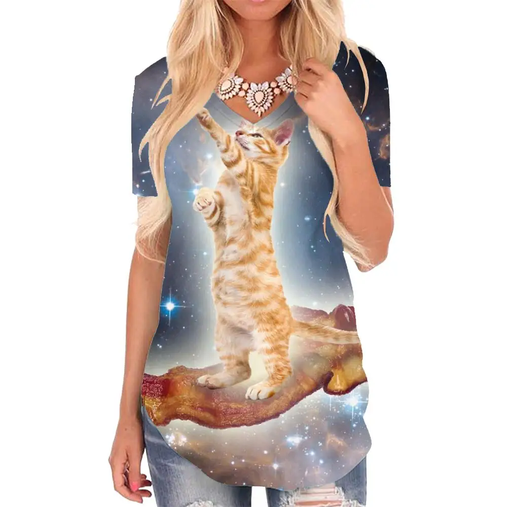 

Giyu Brand Cat T Shirt Women Animal Tshirts Printed Galaxy V-neck Tshirt Nebula T-shirts 3d Space Funny T shirts Womens Clothing