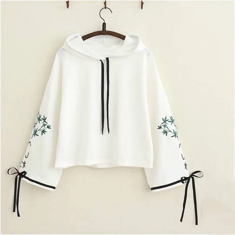 

2021 Hooeded Sweatshirt Women Elegant Bamboo Embroidery Long Sleeve Pullover High Quality Kawaii Hoodies Cute Hoodie Girls
