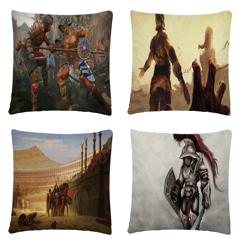 

Roman Gladiator Character Pattern Linen Cushion Cover Pillow Case for Home Sofa Car Decor Pillowcase45X45cm