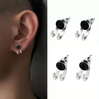 round black color stainless steel small hoop earrings simple silver color metal removable couple stud earrings for men women