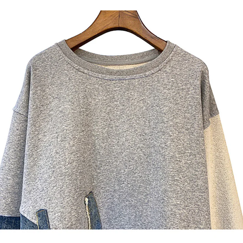 

Qeils Casual Spring Autumn 2021 Loose Fit Gray Denim Irregular Sweatshirt New Round Neck Long Sleeve Women Big Size Fashion