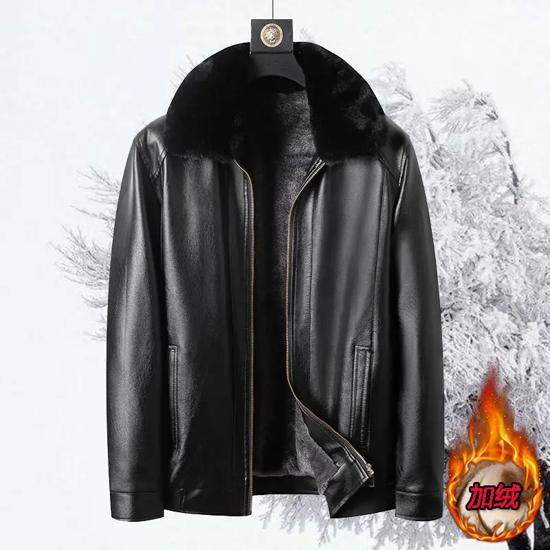 

Зимняя кожаная куртка для мужчин среднего возраста толстый меховой воротник с длинным рукавом однотонный кардиган кожаная куртка
