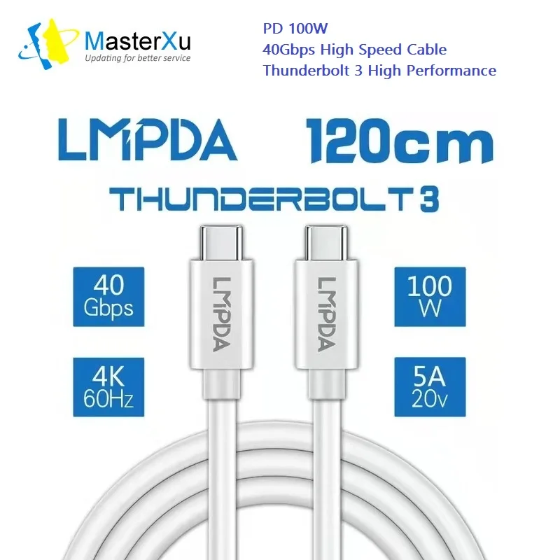 

MasterXu LMPDA белый сертифицированный кабель Thunderbolt 3 1,2 м 3,9 футов 40 Гбит/с для передачи данных USB C к USB C высокоскоростной кабель PD 100 Вт Ch