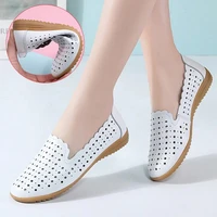 summer hollow breathable flats womens single shoes 2021 stylish leisure mom flats genuine leather shoes