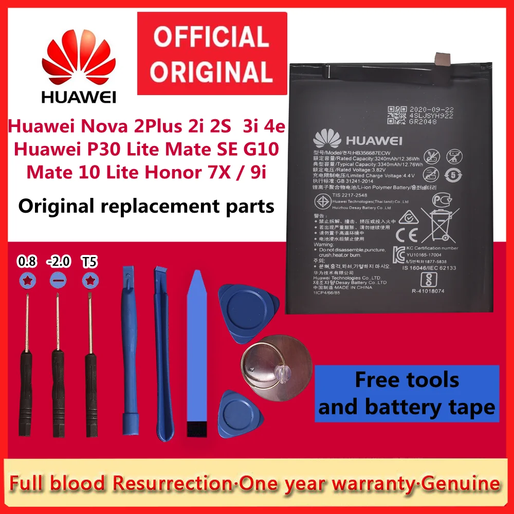

Hua Wei Original Battery HB356687ECW For Huawei Nova 2 plus / Nova 2i / G10 / Mate 10 Lite 3340mAh Replacement Batteries+Tools