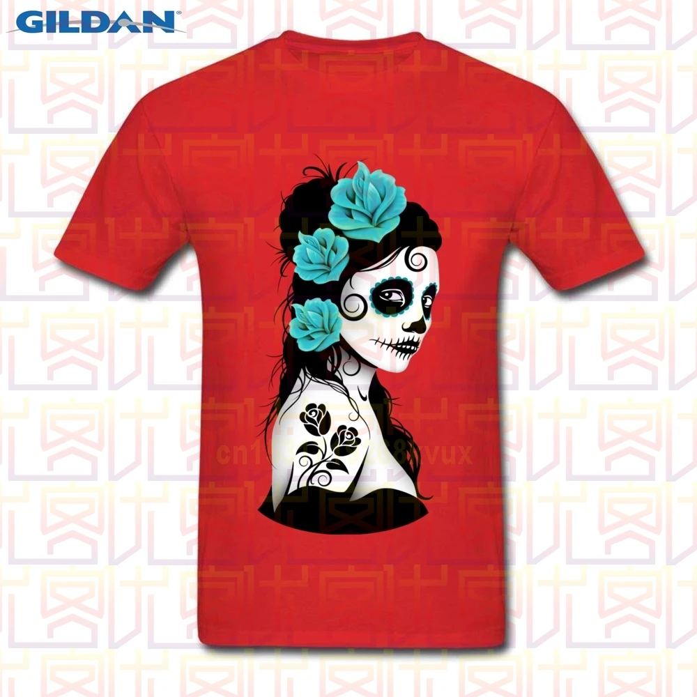 Синий день мертвых сахарный череп короткий рукав футболки круглый вырез