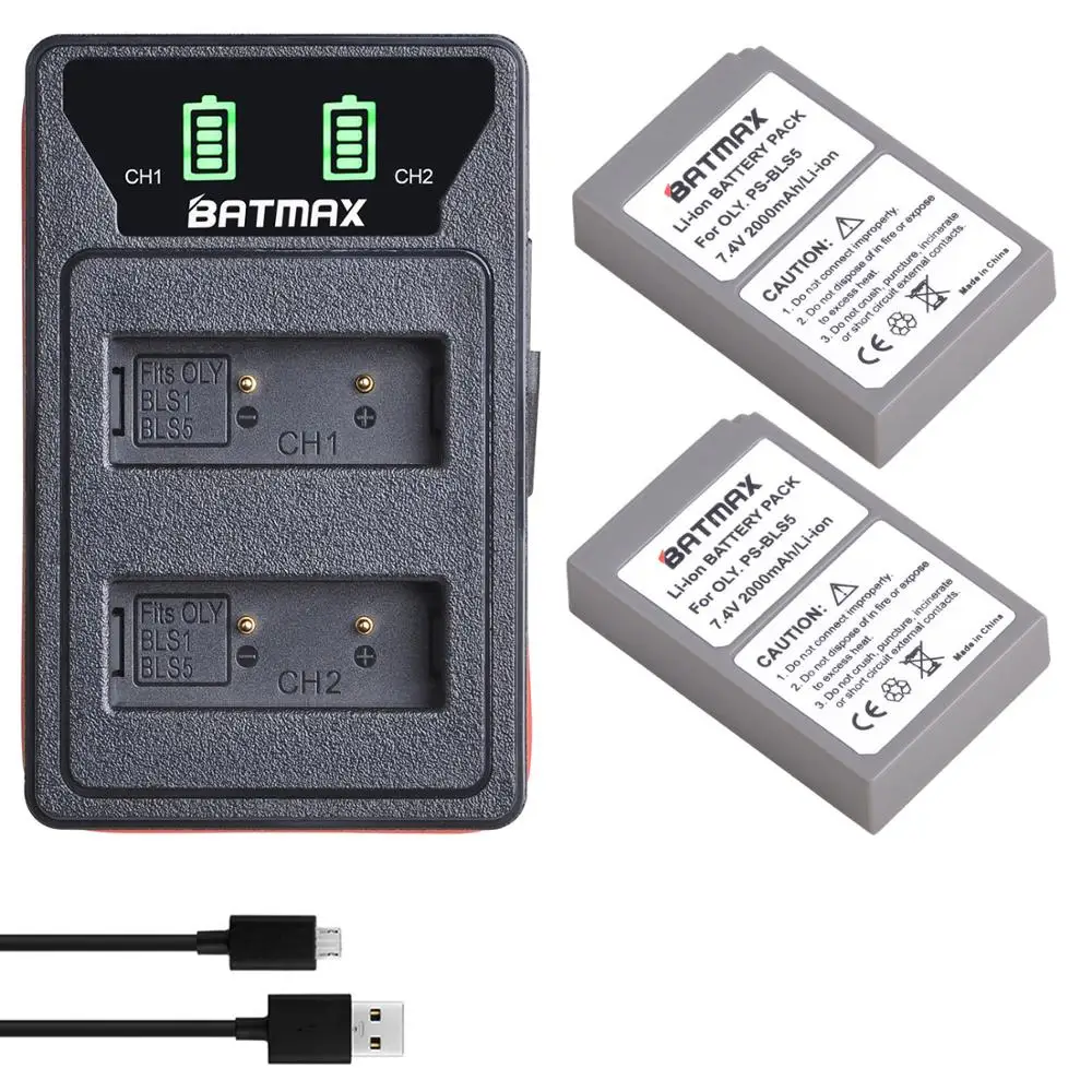 

Batmax BLS5 PS-BLS5 BLS50 Battery+LED Dual Charger with Type C Port for Olympus E-PL2,E-PL5,E-PL6,E-PL7,E-PM2, OM-D E-M10