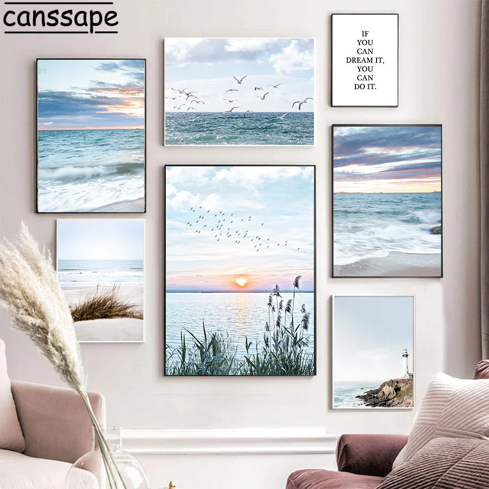 

Sea Landscape Poster Reed Beach Wall Art Print Grass Seagull Plant Canvas Painting Blue Sky Wall Pictures Living Room Home Decor