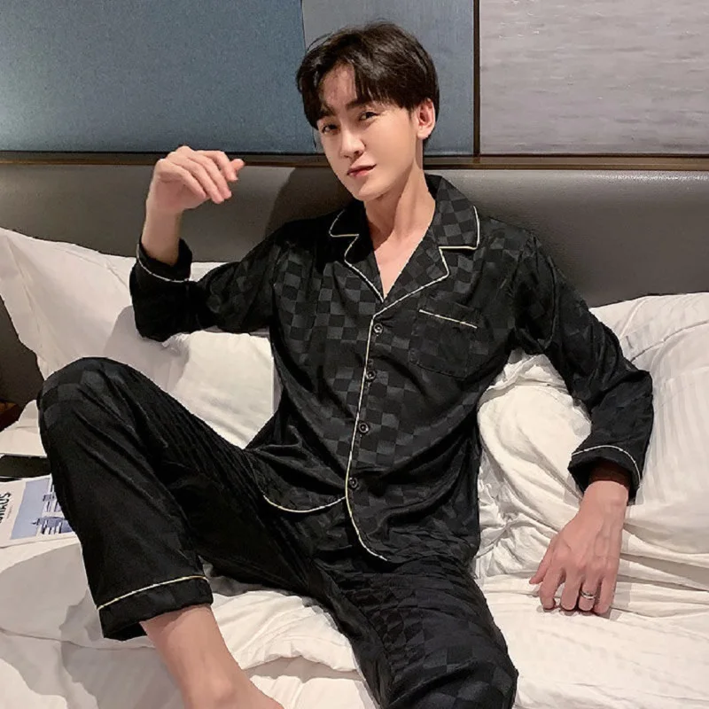 

Spring and autumn long sleeves lapel thin men leisure black autumn silk cardigan pajamas male home clothes