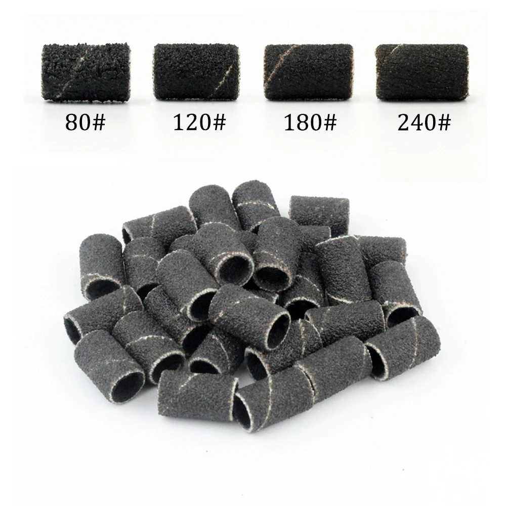 100PcsPack 80 120 180 240 Grit Black Sanding Bands Manicure Pedicure Nail Electric Drill Machine Grinding Sand Ring Bit