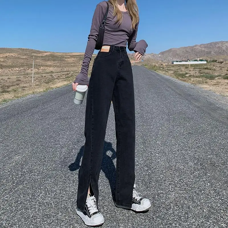 

Черные узкие женские джинсы, широкие брюки из денима, уличная одежда y2k, джинсы с вырезами, милые корейские брюки, джинсы с аппликацией для же...