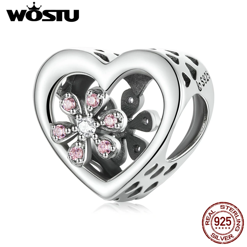 WOSTU 925 Sterling Silver Sakura Love Heart Zircon Charms Beads Pendant Fit Original Bracelet Necklace For Women Jewelry CTC570