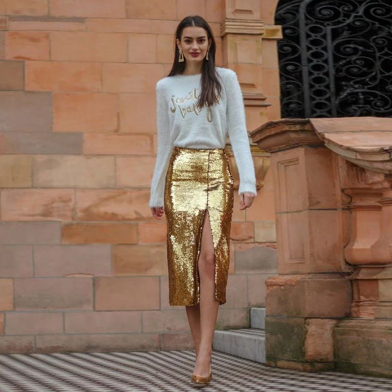 New Trend Mid-Calf Sequins Gold Woman Skirts mujer faldas Custom Made Office Lady Split Formal Party Skirt Free Ship