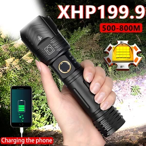 1000000 lumen powerful led flashlight 5000mah usb rechargeable xhp199 portable zoom torch ipx65 tactical flash lamp head lantern free global shipping
