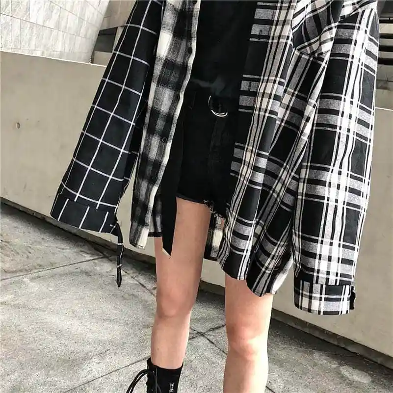 NiceMix Harajuku женские рубашки с длинными рукавами в клетку в стиле пэчворк BF женские блузки с отложным воротником в Корейском стиле Mujer блузка